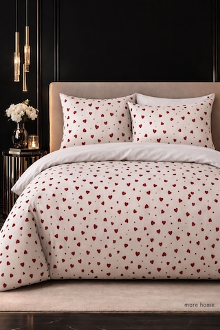 More Home Lastikli Çarşaflı Nevresim Takımı Tek Kişilik Kalpli