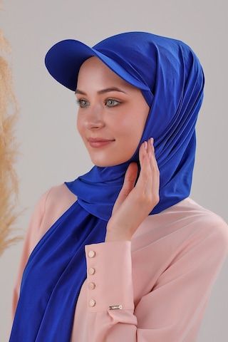 Melodi Scarf Kadın Tesettür Şapkalı Boneli Hazır Şal Saks Mavisi Saks Mavisi