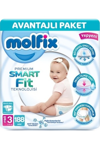 Molfix Premium Smart Fit Bebek Bezi Midi 3 No 188 Li PKT.MOLFIX.113 3 Numara