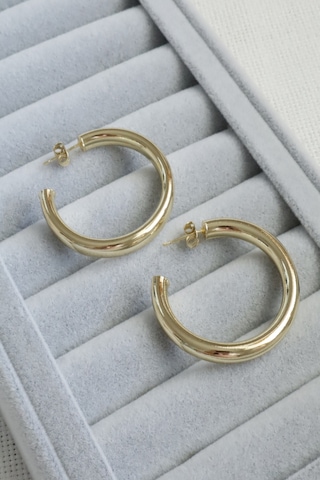 Kadın Küpe Kararmaz 14k Renk Vip Seri Boru Yarım Halka 4cm Küpe Altın