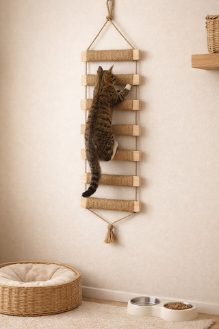 Ahşap Kedi Tırmanma Merdiveni Ve Duvar Köprüsü - Jüt İpli, 7 Basamak, 75 Cm