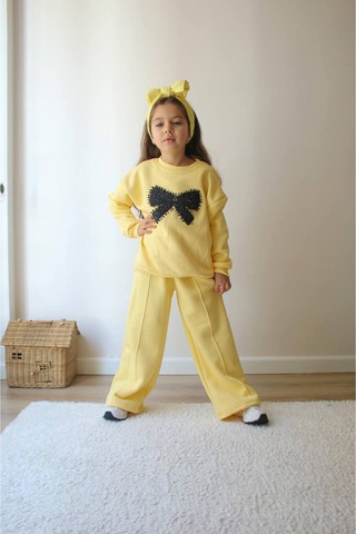 Jeliboomkidswear Boncuklu Fiyonk İşlemeli Kız 2 Li Takım Sarı