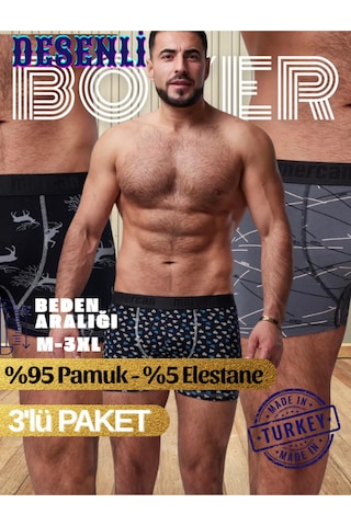 Mercan Boxer Piramit-geyik-men Desenli 3'lü Paket, Yüksek Kalite Çok Renkli