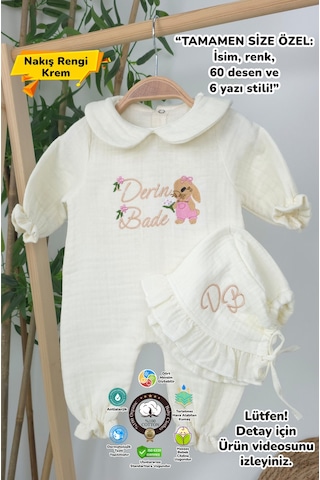 Gros Shop Müslin Yeni Doğan 4katlı Organik %100pamuk Kişiye Özgü Nakışlı Hastane Çıkış Seti Tavşan Model-3 Ekru-5