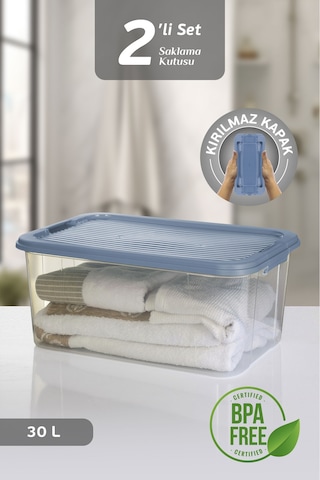 2'li 30l Multibox Saklama Kabı Kilitli Kapaklı Çok Amaçlı Düzenleyici Kiler Depolama Saklama Kutusu Mavi