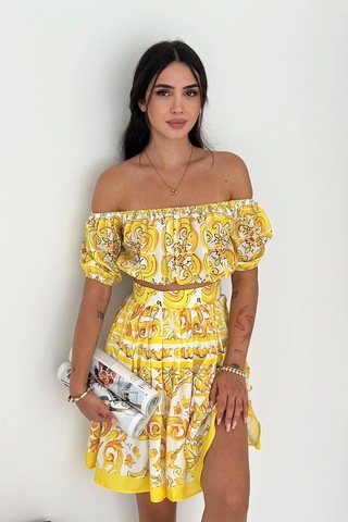 Asprin Fashion İthal Krep Kumaş Desen İkili Takım Sarı Sarı