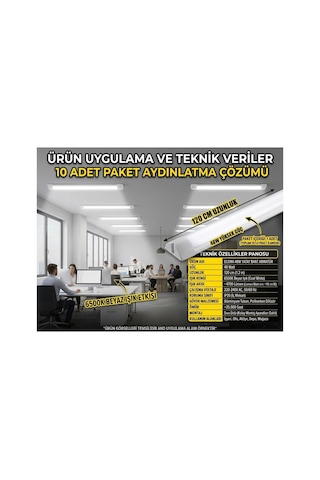 10 Adet -48w 120cm Led Lineer Bant Armatür Beyaz Işık Otopark Mağaza Ofis Aydınlatma Flöresan,yatay Bant Armatür 6500k Beyaz Işık Sıva Üstü Tavan Aydınlatması