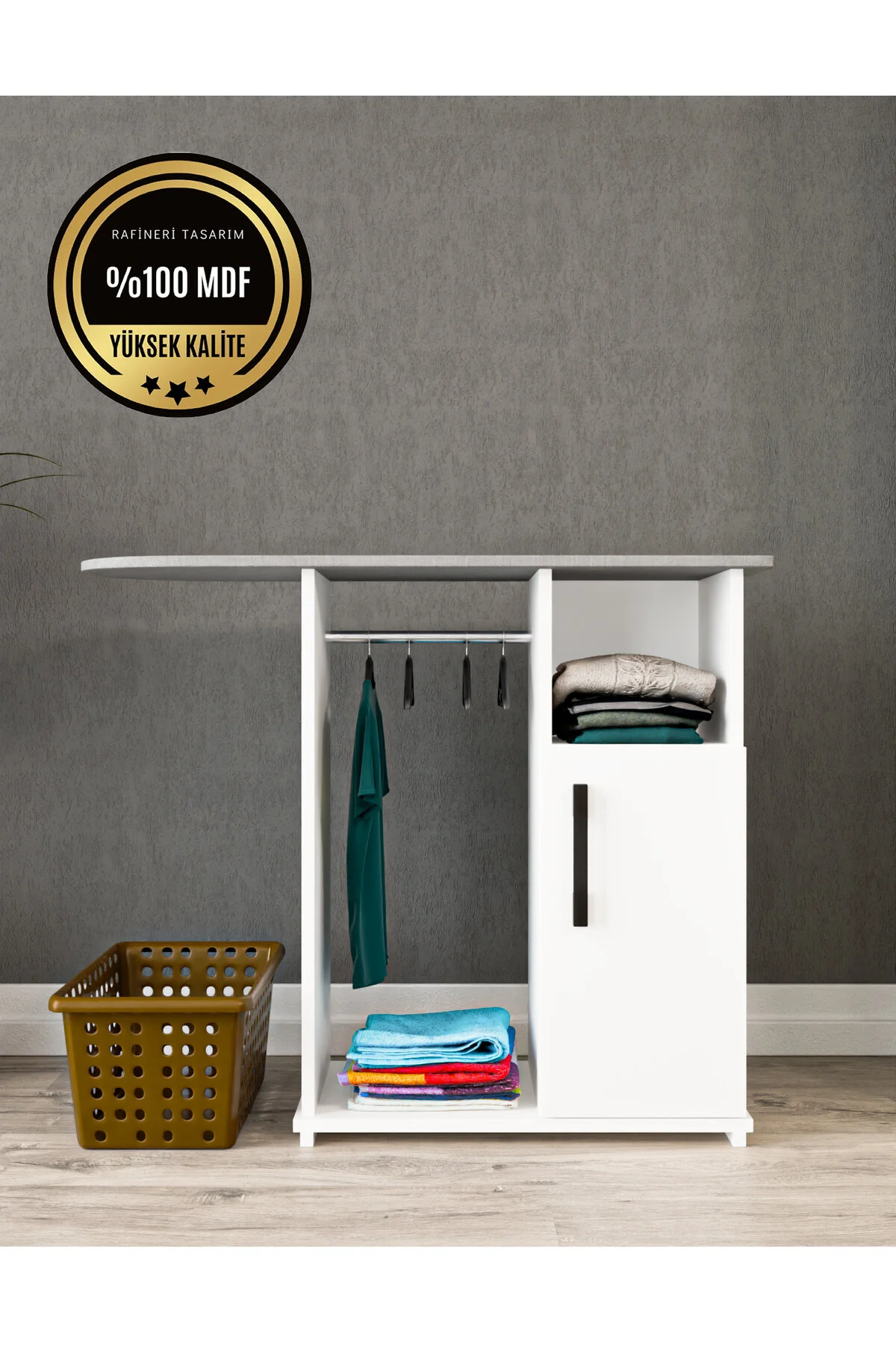 Event Ütü Masası Dolaplı Askılı Mdf Kahverengi Ütü Masası Dolaplı Ütü Standı Beyaz