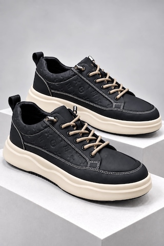 In Step Losta Erkek Siyah Deri Sneaker - Kalın Bej Tabanlı & Desen Detaylı Günlük Ayakkabı