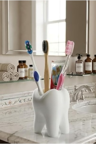 Diş Şeklinde Dekoratif Diş Fırçalık, Beyaz, Plastik, Modern Diş Fırçası Ve Diş Macunu Tutucu Çok Renkli