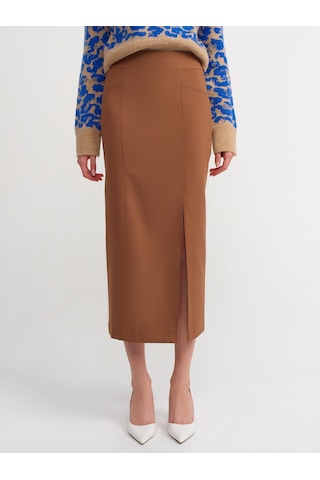 Dilvin Yırtmaçlı Kalem Etek Camel Koyu Camel