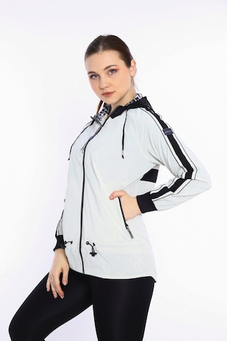 Escetic Ekru Kadın Spor Kapişonlu Su İtici Rüzgarlık Fermuarlu İnce Ceket 6560-3572-ekru Ekru