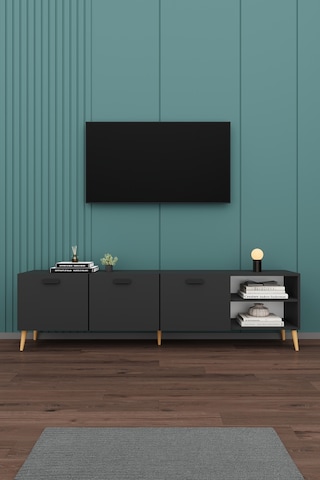 Asra Trend Tv Ünitesi T-21 %100 MDF 200 cm Büyük Boy Tv Sehpası Dolaplı Raflı Koyu Gri