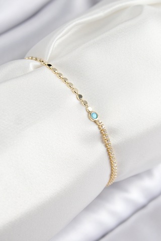 Pirinç Zirkon Taşlı Boncuk Model Ezme Zincir Gold Renk Kadın Bileklik Renkli