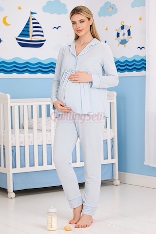 Lady Bebe Mavi Renkli Kol Ve Paçaları Manşetli, 33202 Uzun Kol, 2 Parça Lohusa Hamile Pijama Takımı Açık Mavi