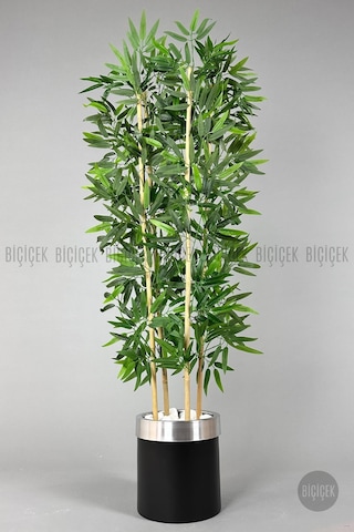 Biçiçek Yapay Bambu Ağacı 140cm Siyah Gümüş Metal Saksıda