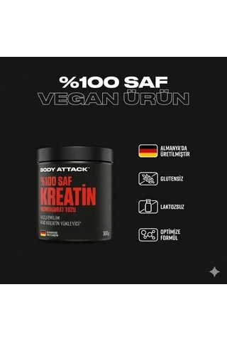 Body Attack 100% Pure Creatine Monohydrate Powder 300 Gr - 88 Servis - Almanya Menşeili Aromasız