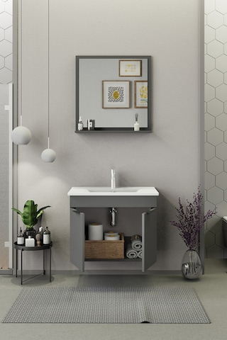 Biani Fix Arya 75 Cm Banyo Dolabı,Seramik Lavabolu, Aynalı,Lavabo Dahil,Mdf,Mat Gri