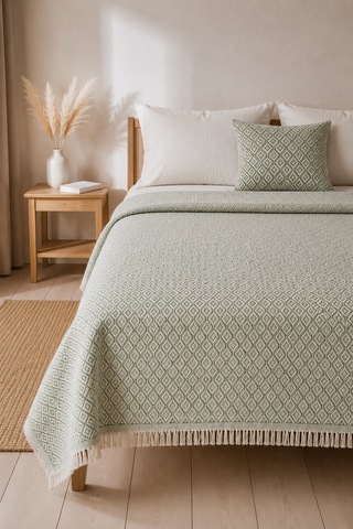 Dokuma Pike Çiftkişilik 200x220 Çok Amaçlı Bohem Yatak Örtüsü Fıstık Yeşili