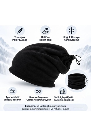 Genel Unisex Polar Bere Boyunluk 2'si 1 Arada Ayarlanabilir Büzgülü Sıcak Tutan Kışlık Siyah / Standart