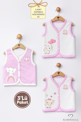 Babyden's Kız Bebek 3 Lü Yelek Seti Kalp Jakar Desenli Fil Baskılı Çıtçıtlı Yelek Yenidoğan Mevsimlik Yelek Ekru - Pembe