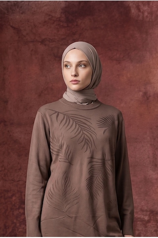 Armine Trend Yaprak Desenli Bisiklet Yaka Uzun Kollu Fitilli Detaylı Tunik Mocha 26ktd408