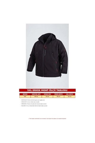 Vatan Tekstil Büyük Beden Erkek Softshell Mont Kapüşonlu Su İtici Rüzgar Geçirmez Siyah