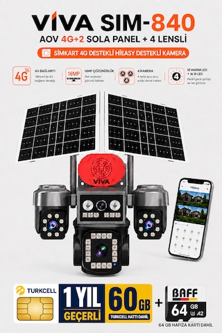 Sim-840 Çift Güneş Panelli 4g Sim Kartlı Kablosuz 4 Lensli Güvenlik Kamerası 16mp Ptz 60 Gb İnternetli Sim Kart + 64 Gb Hafıza Kartı Dahil