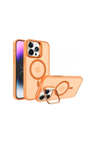 Apple Uyumlu iPhone 13 Magsafe Stantlı Premium Kılıf Lens Turuncu