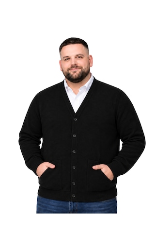 Battalmoda Erkek Büyük Beden Siyah Cepli Düğmeli Triko Hırka 3xl-4xl-5xl-6xl