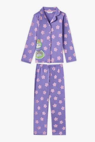 Penti Kız Çocuk Lila Feel Better Kedi Desenli Pamuklu Düğmeli Uzun Kollu Gömlek Pantolon Pijama Takımı