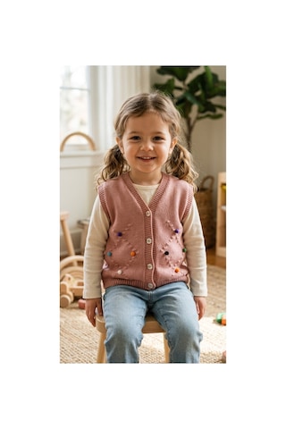 Deniva Kids Kız Çocuk Pudra Pembe Ponpon Detaylı V Yaka Düğmeli Örgü Yelek