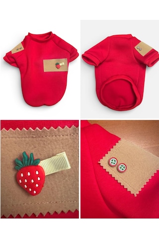 Sevimli Çilek Detaylı Kırmızı Kedi Polar Sweatshirt