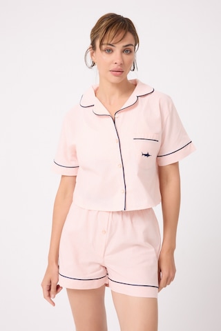 Lespadon Marısılk Kadın Yazlık Şortlu Crop Gömlekli Pijama & Lounge Takımı-3230 Pembe