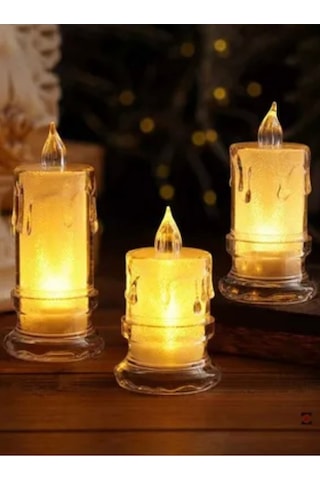 Ledli Pilli 3lü Set Mum Görselli Gece Lambası Açık Kahverengi