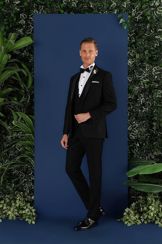 Efor Black 069 Slim Fit Yelekli Çıkarılabilir Saten Yaka Çift Yırtmaçlı Siyah Damatlık Smokin Takım Siyah