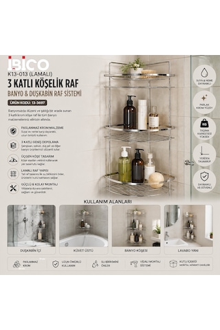 İbico K13-013 Lamalı Banyo Köşelik Ve Duşakabin Rafı 3 Katlı Üçgen - Krom Metal- 12'li Paket Diğer