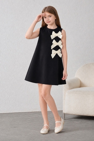Fesshera Kids Kız Çocuk %100 Pamuk Double Crep Elbise Fiyonk Detaylı Sıfır Kollu Düğme Kapamalı Özel Gün Elbisesi Siyah