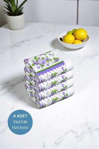 4lü Paket Baskılı Beyaz Mutfak Havlusu Modeli Lila Güller
