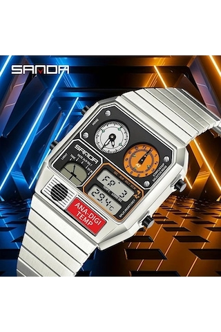 Fastbuy Gümüş Siyah A Erkek Digital Kol Saati - Kare Paslanmaz Çelik Bant Dual Ekran Altın Renk Altın