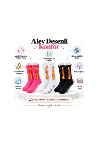 Teorastore Unisex Alev Desenli Çorap 3'lü Set Pamuklu Uzun Soket Dikişsiz Nefes Alan Günlük Spor Çorabı Yumuşak Çok Renkli