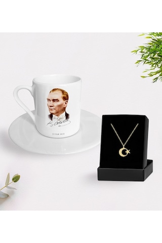 Kişiye Özel Atatürk Temalı Türk Kahvesi Fincanı Ve Ay Yıldız Kolye Hediye Seti-15