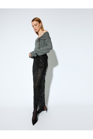 Koton Koton X Melis Ağazat - Slim Fit Yarım Astarlı Otriş Detaylı Transparan Pullu Payetli İşlemeli Uzun Etek Siyah 5wak10450ek Siyah