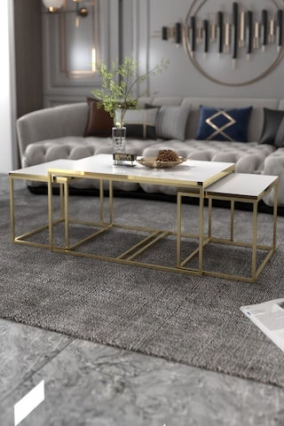 Orta Sehpa Ve Zigon Yan Sehpa Flora Set Gold Beyaz Beyaz