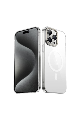 Apple Uyumlu iPhone 15 Pro Max Kılıf Wireless Şarj Özellikli Şeffaf G-glass Kılıf