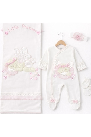 Kardeşler Bebe Kız Bebek Little Princess Nakışlı 4'lü Battaniye Tulum Seti Ekru