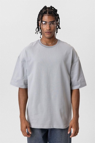 Vamos Basic Oversize Bisiklet Yaka Tişört Gri