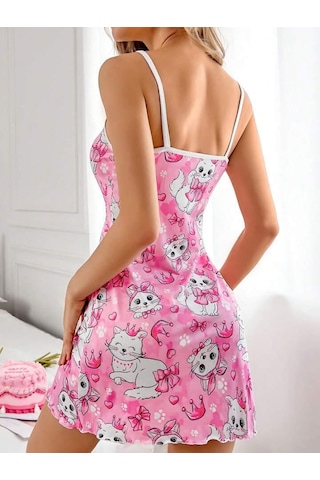 Kadın Pembe Kedi Desenli Gecelik Pembe