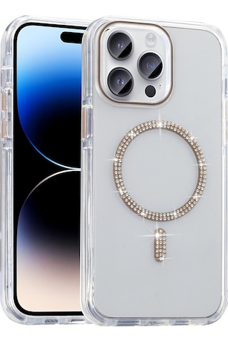 Techaks Apple Uyumlu iPhone 14 Pro Max Kılıf Taşlı Tasarım M-safe Şarj Özellikli Zore Koment Silikon Kapak - Gold Altın