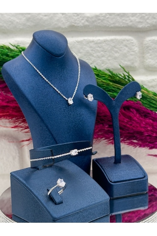 925 Ayar Gümüş Zirkon Taşlı Oval Model 4 Lü Popüler Kadın Takı Seti Gümüş